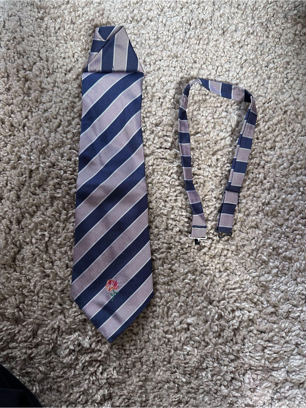 Kenzo Navy and Light Pink Striped Silk Tie with Floral Embroidery